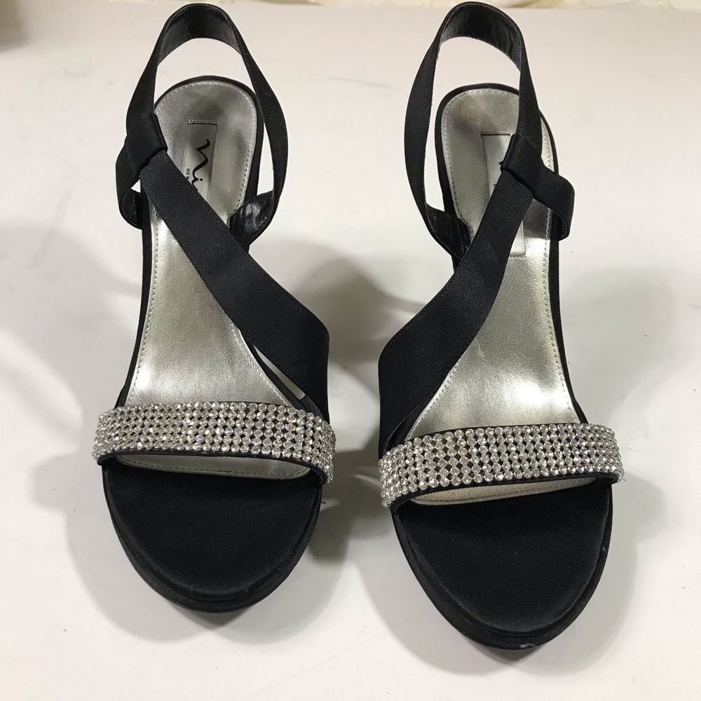 Nina Black Satin + Rhinestone Strappy High Heels - Picture 6 of 13